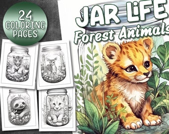 24 pagina's Jar Life Forest Animals Kleurboek - Kleurplaten voor volwassenen, leeuwen, luiaards, apen en meer! Grijswaarden kleurboek