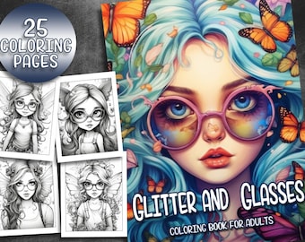 25 Pages Fairy Coloring Book Adult Coloring Pages, Fairies Wearing Glasses, Instant Download, Grayscale Coloring Book, Printable PDF File