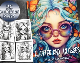 25 pagina's Fairy kleurboek volwassen kleurplaten, feeën dragen van een bril, Instant Download, grijswaarden kleurboek, afdrukbaar PDF-bestand