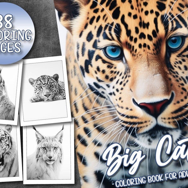 Libro para colorear de grandes felinos: páginas para colorear para adultos, leones, tigres, leopardos y mucho más. Descarga instantánea, libro para colorear en escala de grises, archivo PDF imprimible