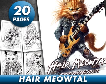 30 Pages Hair Meowtal Hard Rock Cats Coloring Book Adult Coloring Pages, Instant Download, Grayscale Coloring Book, Printable PDF File