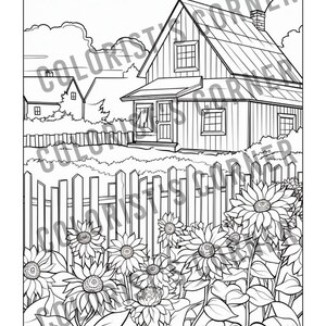 May include: A black and white line drawing of a house with a picket fence and sunflowers in the front garden.