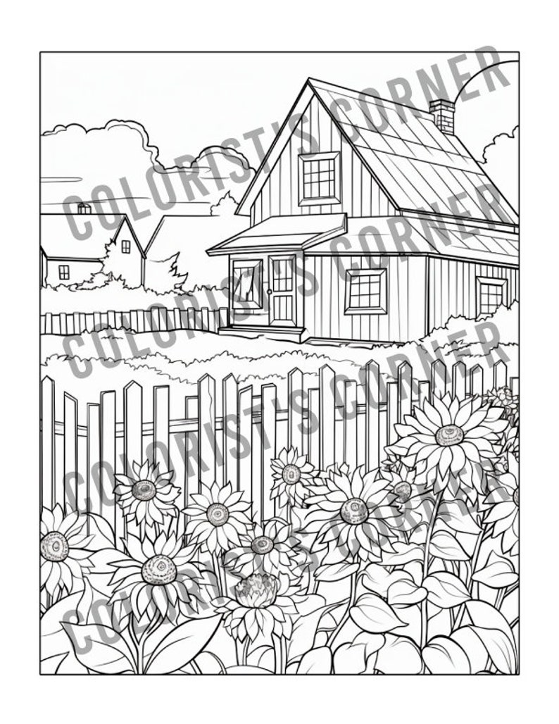 May include: A black and white line drawing of a house with a picket fence and sunflowers in the front garden.