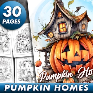 30 páginas Libro para colorear de casas de calabazas Páginas para colorear para adultos, lindo libro para colorear de Halloween Descarga instantánea, archivo PDF imprimible