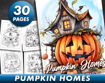 30 Pages Pumpkin Homes Coloring Book Pages de coloriage pour adultes, Mignon Halloween Coloring Book Téléchargement instantané, Fichier PDF imprimable