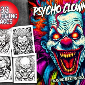 33 Pages Psycho Clowns Coloring Book Horror Adult Coloring Pages, Instant Download, Grayscale Coloring Book, Printable PDF File