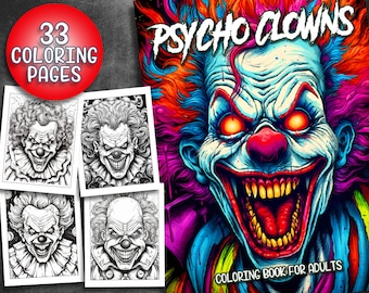 33 Pages Psycho Clowns Coloring Book Horror Adult Coloring Pages, Instant Download, Grayscale Coloring Book, Printable PDF File