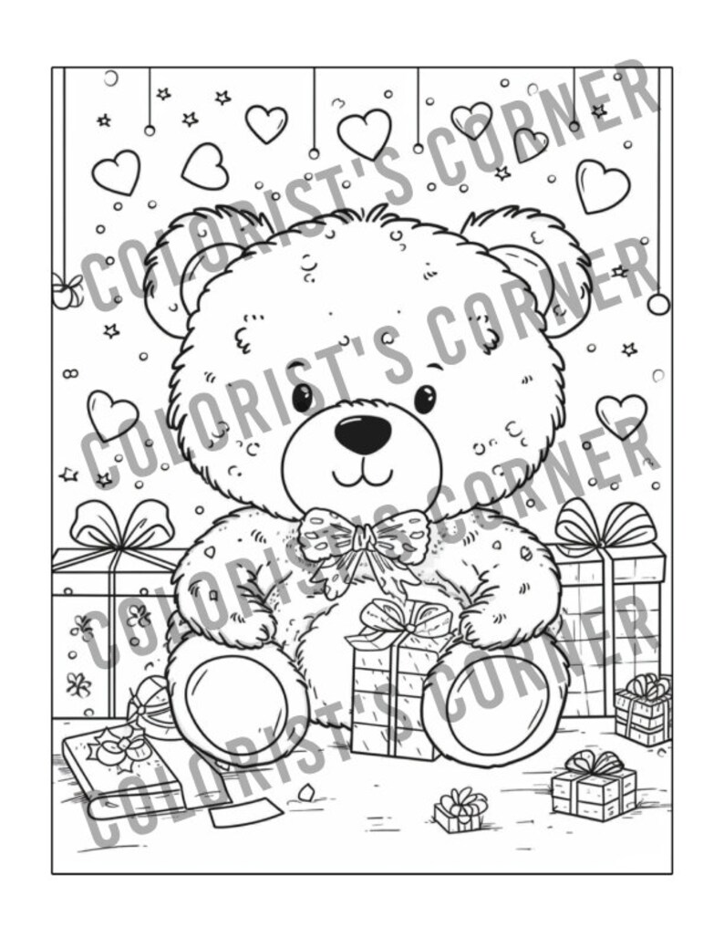Op de afbeelding: Zwart-wit illustratie van een teddybeer omringd door ingepakte cadeaus en harten. De beer heeft een vlinderdas en zit tussen verschillende cadeaus. De afbeelding is ontworpen om in te kleuren.