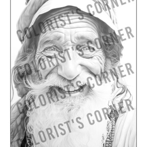 May include: A black and white drawing of an older man with a long white beard and a turban. He is smiling broadly and has a string of beads around his neck.