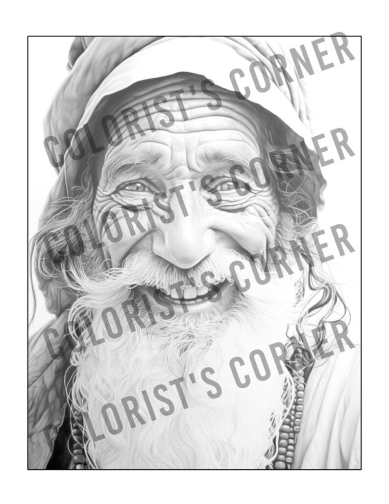 May include: A black and white drawing of an older man with a long white beard and a turban. He is smiling broadly and has a string of beads around his neck.