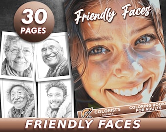 30 Pages Friendly Faces Coloring Book Adult Coloring Pages, Friendly Faces, Portrait, Grayscale Coloring Book, Printable PDF File