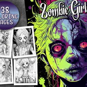 38 Pages Zombie Girls Coloring Book Adult Coloring Pages, Horror Coloring Book Instant Download, Grayscale Coloring Book, Printable PDF File