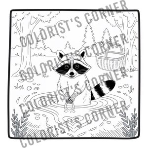 Op de afbeelding: Een zwart-witte lijntekening van een wasbeer die in een vijver staat. De wasbeer houdt een ring in zijn poot. Er zijn bomen en een picknickmand in de achtergrond.