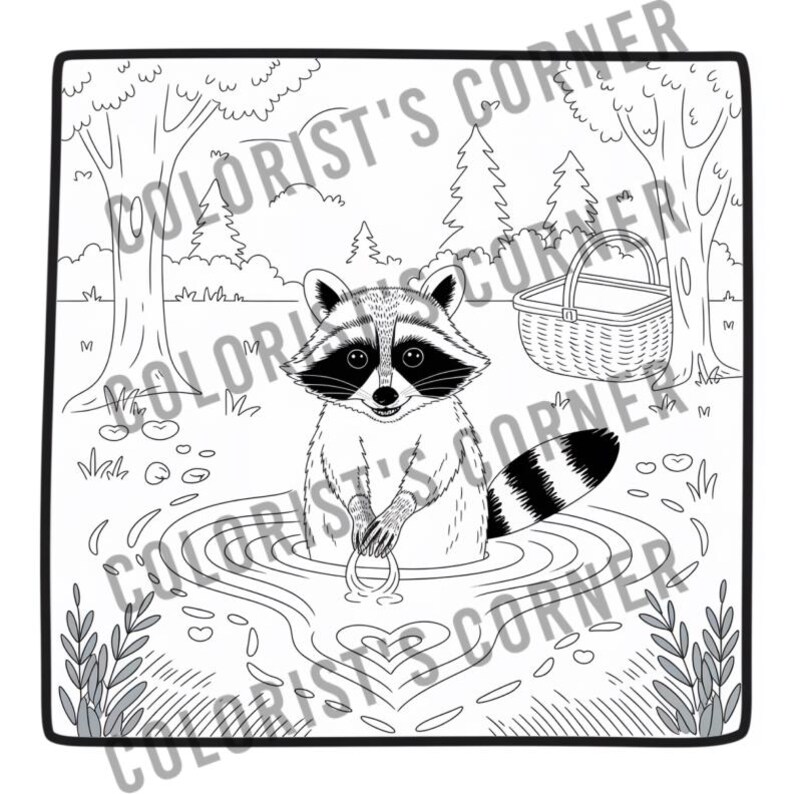 Op de afbeelding: Een zwart-witte lijntekening van een wasbeer die in een vijver staat. De wasbeer houdt een ring in zijn poot. Er zijn bomen en een picknickmand in de achtergrond.