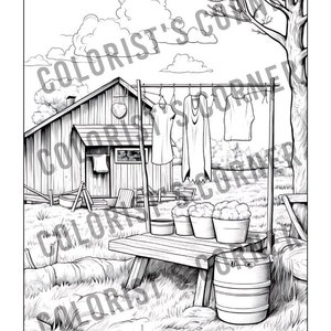 May include: A black and white illustration of a wooden cabin with a clothesline hanging outside. There are clothes hanging on the line, a wooden bench, and a barrel. The scene is set in a rural area with grass and trees.