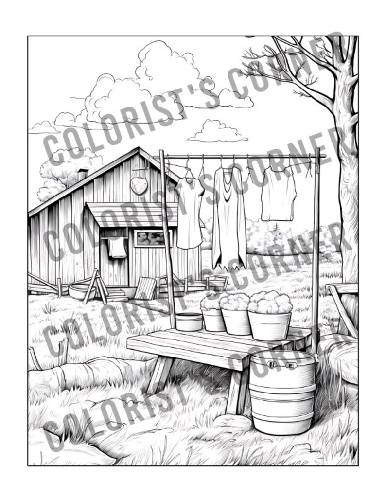 May include: A black and white illustration of a wooden cabin with a clothesline hanging outside. There are clothes hanging on the line, a wooden bench, and a barrel. The scene is set in a rural area with grass and trees.