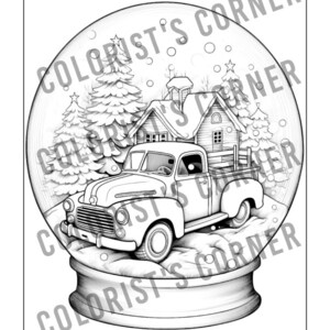 May include: A black and white illustration of a snow globe containing a vintage pickup truck, a small house, and pine trees. The snow globe is set against a white background.