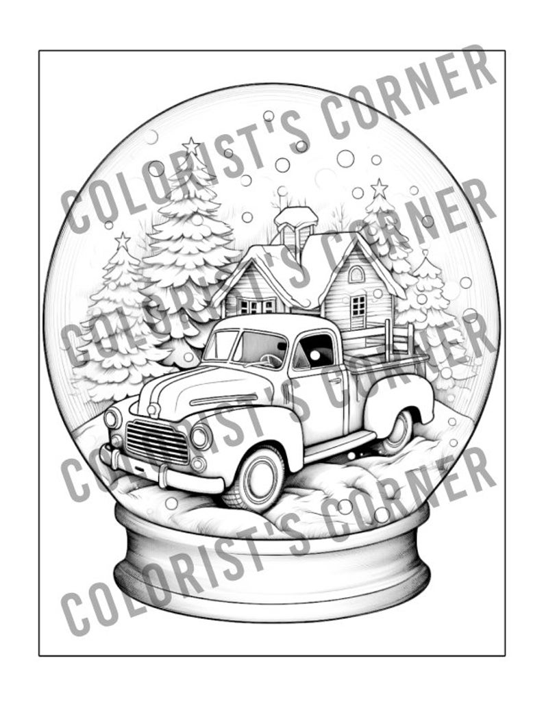 May include: A black and white illustration of a snow globe containing a vintage pickup truck, a small house, and pine trees. The snow globe is set against a white background.