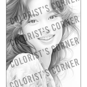 May include: A black and white pencil drawing of a woman with long hair smiling. She is wearing a floral patterned shirt.