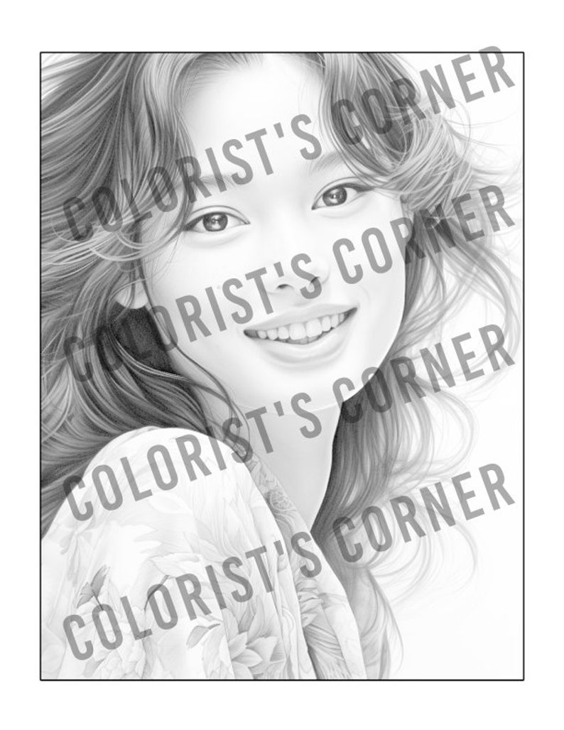 May include: A black and white pencil drawing of a woman with long hair smiling. She is wearing a floral patterned shirt.