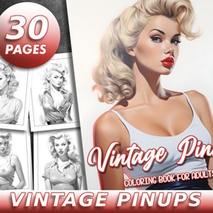 30 Pages Vintage Pinups Coloring Book Adult Coloring Pages, Retro, Portrait, Grayscale Coloring Book, Printable PDF File