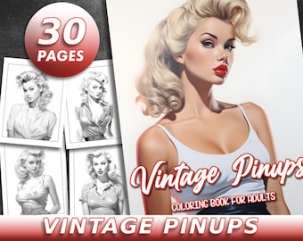 30 Pages Vintage Pinups Coloring Book Adult Coloring Pages, Retro, Portrait, Grayscale Coloring Book, Printable PDF File
