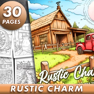 30 Pages Rustic Charm Country Coloring Book Halloween Adult Coloring Pages, Instant Download, Grayscale Coloring Book, Printable PDF File