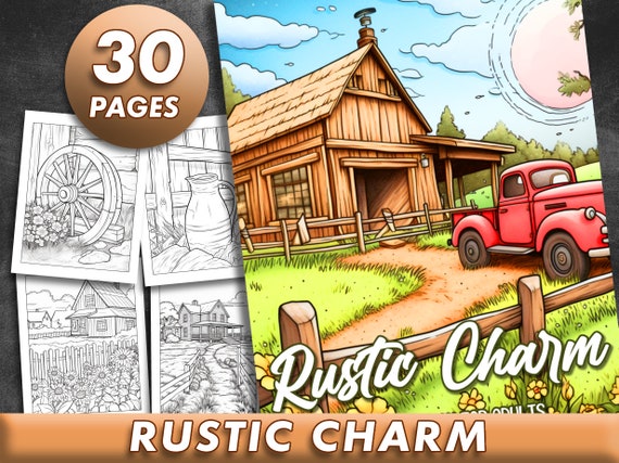 30 Pages Rustic Charm Country Coloring Book Halloween Adult Coloring Pages, Instant Download, Grayscale Coloring Book, Printable PDF File