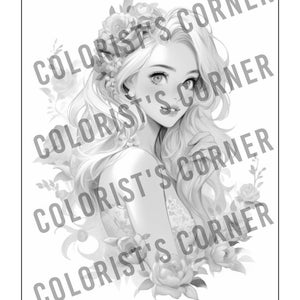 Peut inclure: Une illustration en noir et blanc d'une femme aux longs cheveux flottants, portant une couronne de fleurs et une robe. Elle est entour&eacute;e de fleurs et de feuilles.