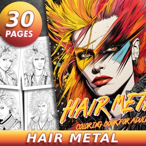 30 Pages Hair Metal Coloring Book Adult Coloring Pages, Glam Rock, Instant Download, Grayscale Coloring Book, Printable PDF File