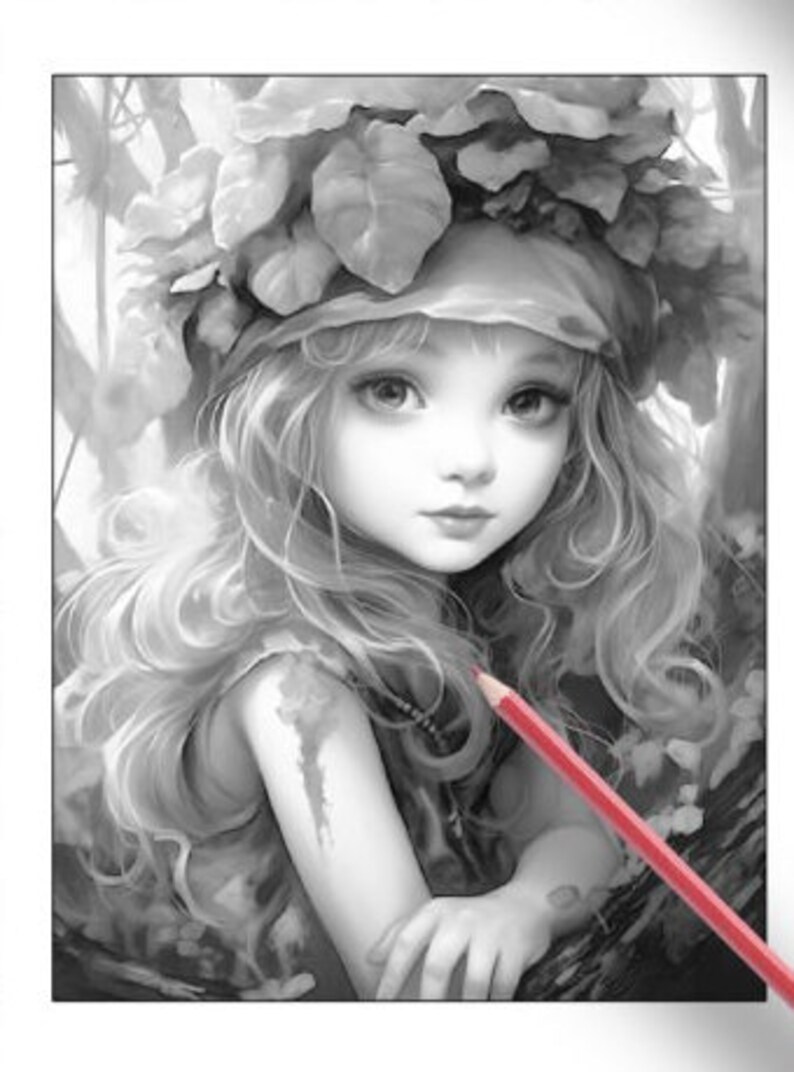 26 Pages Cute Forest Girls Coloring Book Adult Coloring Pages, Instant Download, Grayscale Coloring Book, Printable PDF File image 8