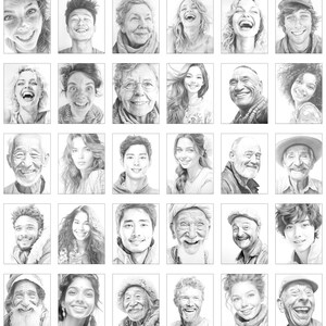 May include: A collection of 36 black and white pencil drawings of people's faces. Each drawing is framed in a white square. The people in the drawings are smiling and laughing.