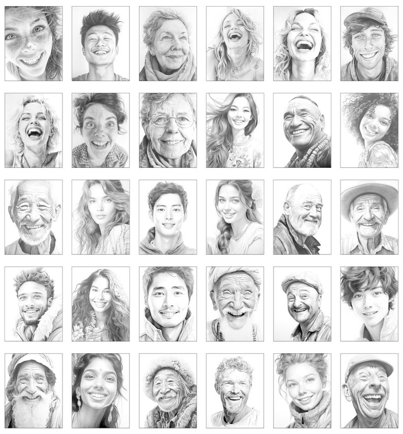 May include: A collection of 36 black and white pencil drawings of people's faces. Each drawing is framed in a white square. The people in the drawings are smiling and laughing.