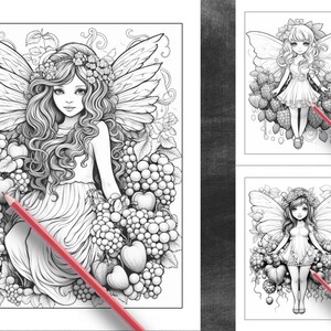 Op de afbeelding: Een zwart-witte lijntekening van een fee met vleugels, een bloemenkrans en een lange, vloeiende jurk. De fee is omringd door druiven, bessen en bladeren.