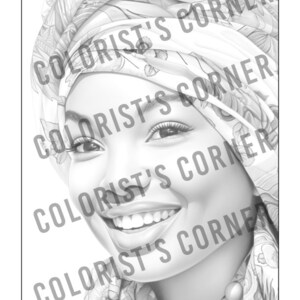 May include: A black and white drawing of a woman wearing a headscarf. The woman is smiling with her eyes closed. The headscarf has a floral pattern.