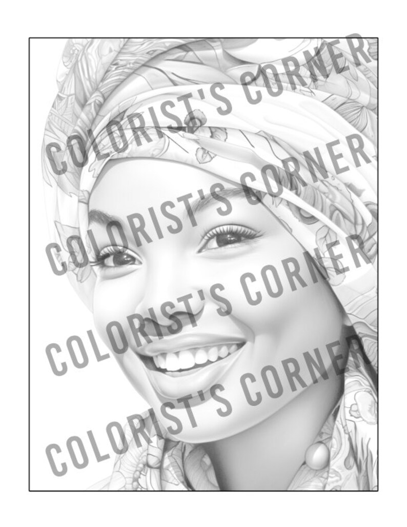 May include: A black and white drawing of a woman wearing a headscarf. The woman is smiling with her eyes closed. The headscarf has a floral pattern.