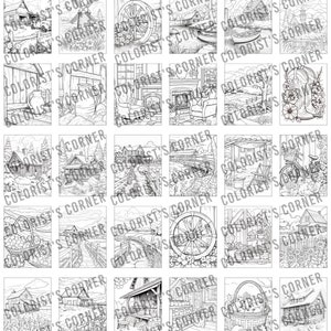 May include: A set of 16 black and white colouring pages featuring various scenes of country life, including houses, barns, gardens, and landscapes. The pages are perfect for adults and children who enjoy colouring.