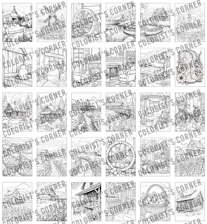 May include: A set of 16 black and white colouring pages featuring various scenes of country life, including houses, barns, gardens, and landscapes. The pages are perfect for adults and children who enjoy colouring.