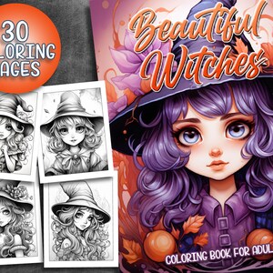 30 Pages Beautiful Witches Coloring Book Halloween Adult Coloring Pages, Instant Download, Grayscale Coloring Book, Printable PDF File