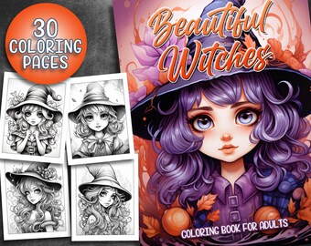 Puede incluir: Una portada de libro para colorear con una linda bruja de cabello morado y un sombrero negro. El texto de la portada dice "Beautiful Witches Coloring Book for Adults" e incluye 30 páginas para colorear.