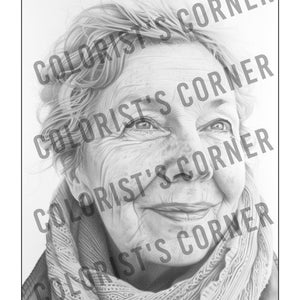 May include: A black and white pencil drawing of an older woman with short, wavy hair. She is wearing a scarf and has a kind expression on her face.