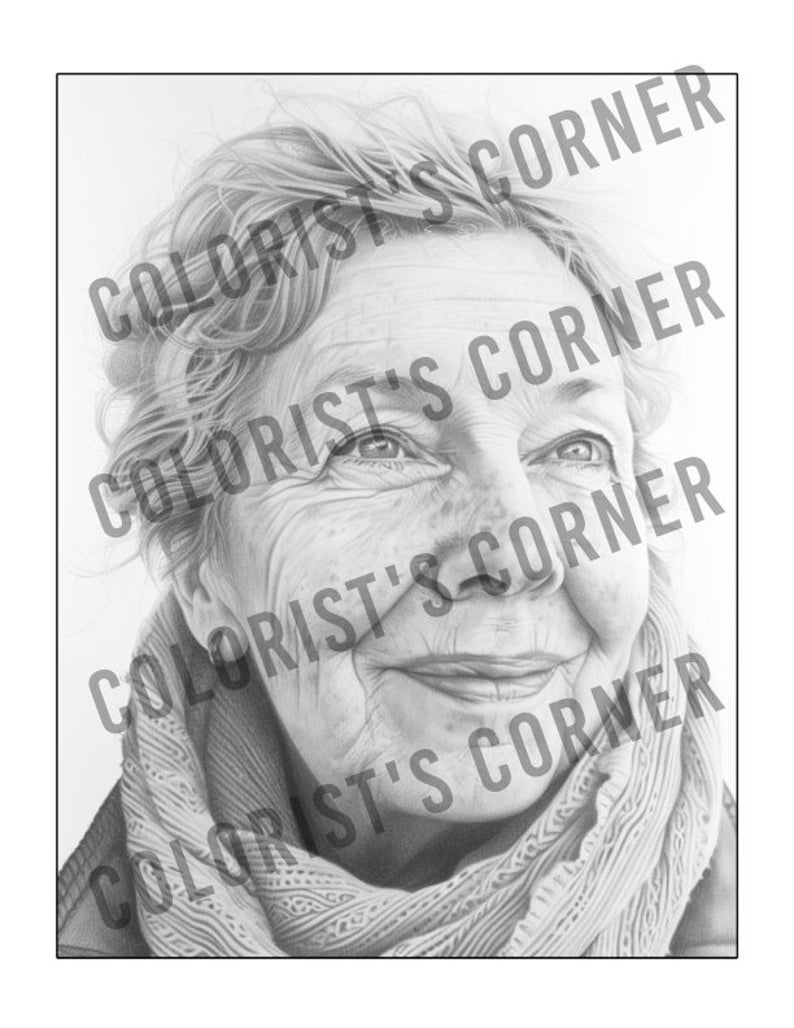 May include: A black and white pencil drawing of an older woman with short, wavy hair. She is wearing a scarf and has a kind expression on her face.