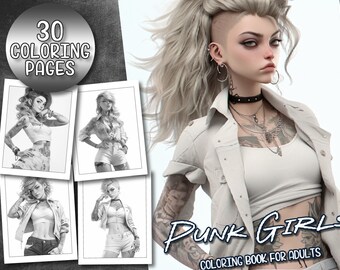 30 Punk Anime Girls Coloring Book - Adult Coloring Pages, Manga, Instant Download, Grayscale Coloring Book, Printable PDF File