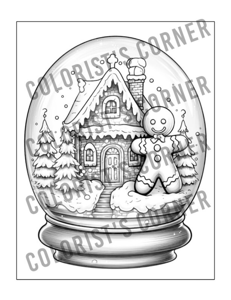 May include: A black and white illustration of a snow globe featuring a gingerbread house and a gingerbread man. The snow globe sits on a base and has a clear dome.