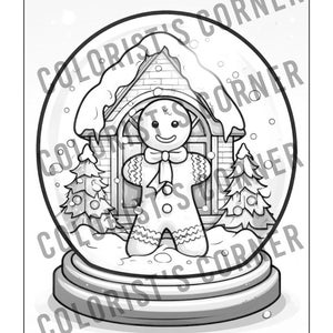 May include: A black and white illustration of a gingerbread person standing in front of a house inside a snow globe. The house has a snow-covered roof and a chimney. The gingerbread person is wearing a bow tie and a sweater with a snowflake pattern. The snow globe is on a base with a decorative rim.