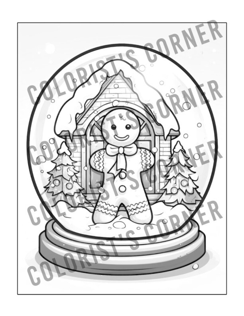 May include: A black and white illustration of a gingerbread person standing in front of a house inside a snow globe. The house has a snow-covered roof and a chimney. The gingerbread person is wearing a bow tie and a sweater with a snowflake pattern. The snow globe is on a base with a decorative rim.