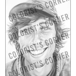 May include: A black and white pencil drawing of a person wearing a cap. The person is smiling and has freckles on their face.