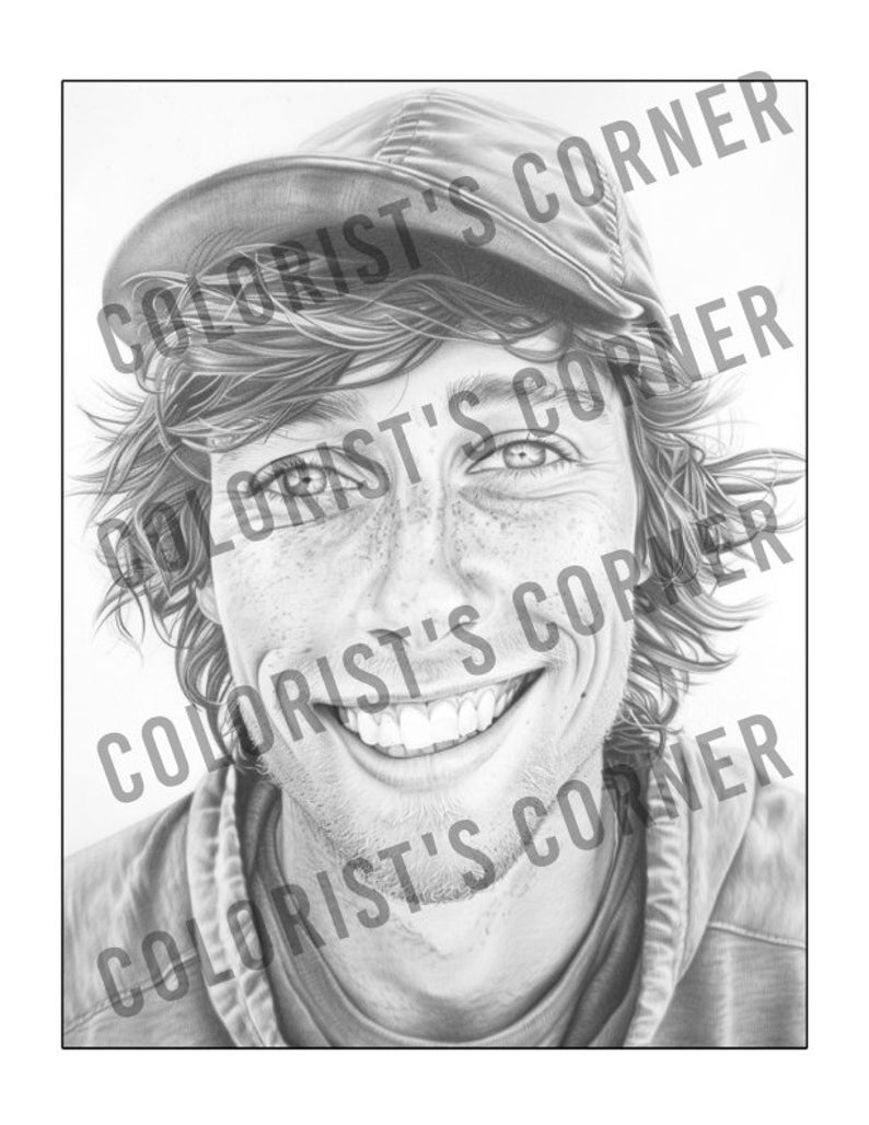 May include: A black and white pencil drawing of a person wearing a cap. The person is smiling and has freckles on their face.