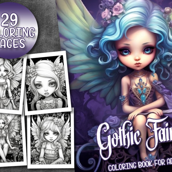 29 Pages Gothic Fairies Coloring Book Adult Coloring Pages, Instant Download, Grayscale Coloring Book, Printable PDF File