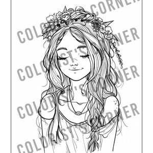 Puede incluir: Un dibujo en blanco y negro de una mujer con el pelo largo, que lleva una corona de flores y una blusa sencilla. Tiene los ojos cerrados y una expresi&oacute;n de paz.